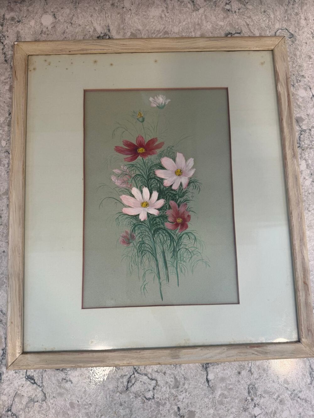 Vintage Framed Botanical Print features Delicate Pink and White Flowers 17X15"